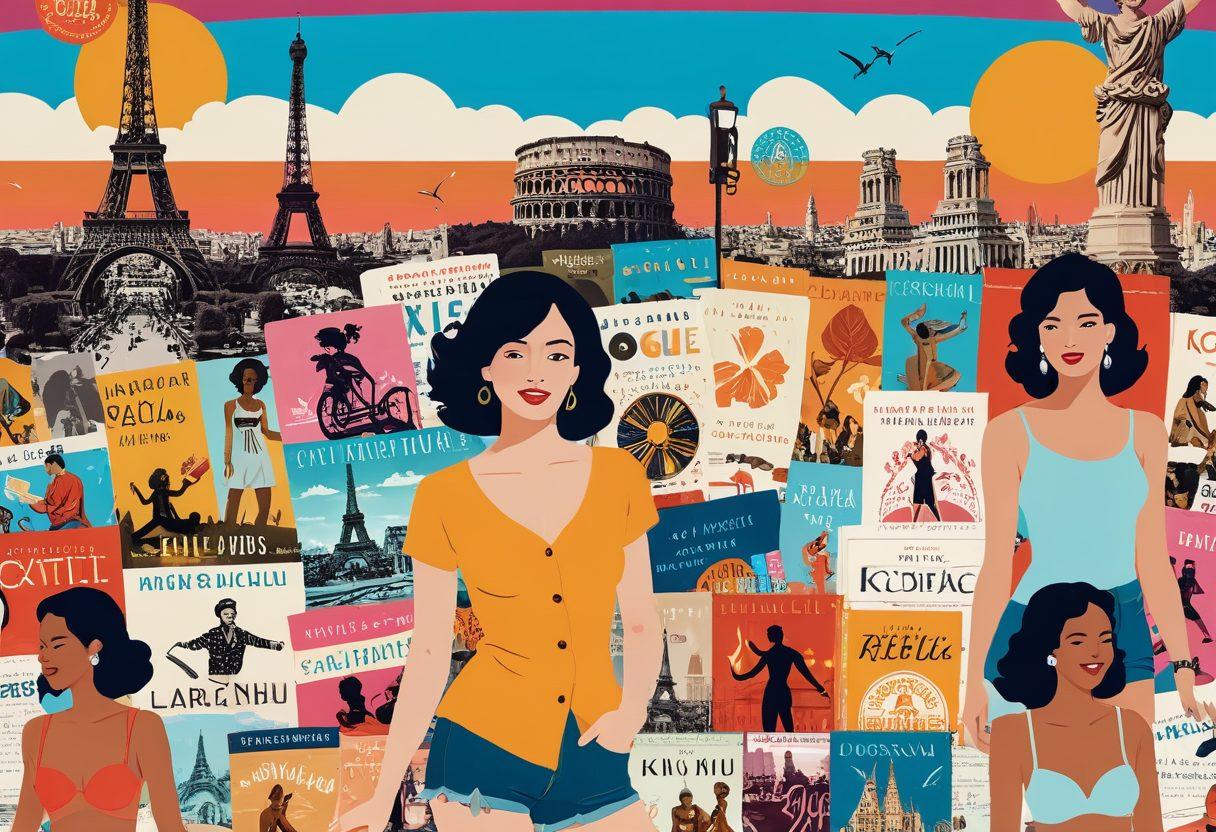 A dynamic collage showcasing the evolution from vintage X-rated film reels to modern sexual wellness products like books and relationship guides. Include European landmarks in the background, symbolizing the region's cultural richness. Use bright and inviting colors to convey positivity and transformation. Illustrate diverse couples engaging in healthy relationships. colorful vector art. vibrant colors.